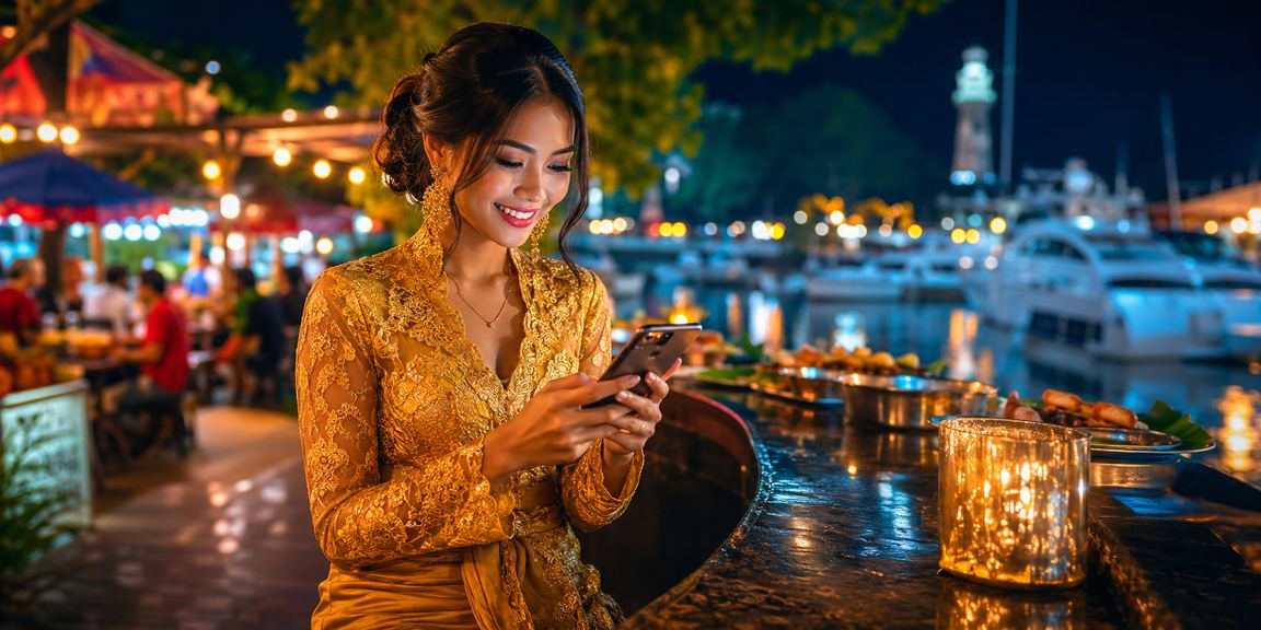 Pengguna di Langkawi berpakaian kebaya mengakses platform kasino mudah alih 77go dengan selamat